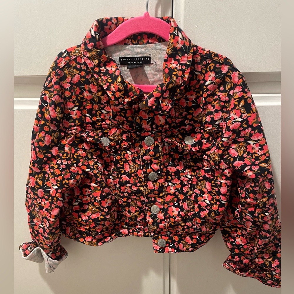 Social Standard Girls' Pink Floral Denim Jacket